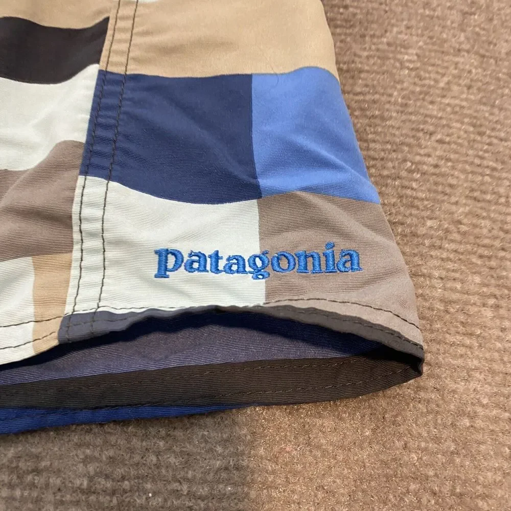 Patagonia Trunks Board Short Mens Size 29 Beach Blue Striped Swim Logo Wavefarer